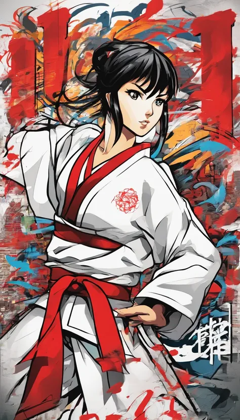 Young Woman in Anime, Wearing a white karate costume, Short black hair in red minor,, Concentrated energy, street fighter, Random Karate Pose, (intricate detailes), nffsw, (intricate detailes, super-fine: 1.2), video, middle,