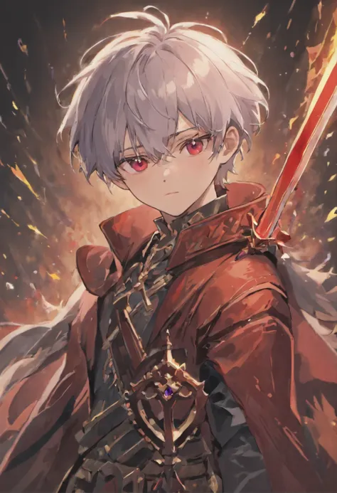 Describe a teenage boy with silver hair And dark red eyes. Wearing royal clothes and a typical black and purple sword