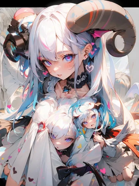 【Best Quality】1 Girl (Mature: 1.4) 130mm F1.4 Lens 1 Girl Solo Ears Heart Shaped Pupil Micro Dress Demon Girl Flat Chest Seen from Above Devil Wings Colored Hair Silver Hair Blue Hair Colorful Eyes