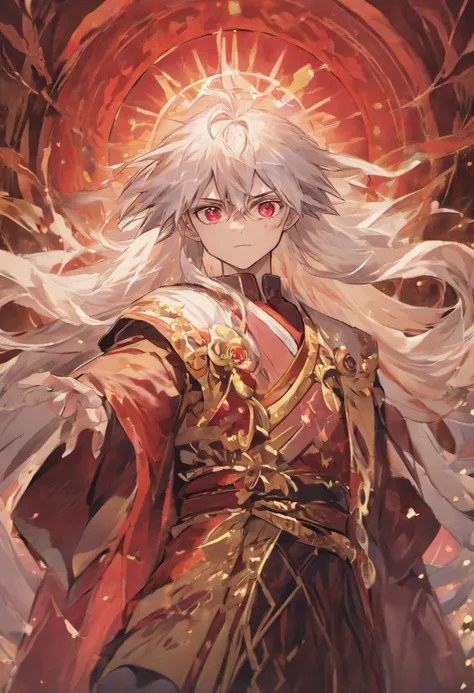 Describe an adult man with long white hair and red eyes wearing royal clothing