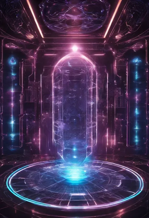 Alien regeneration room with symbology of the quantum holographic system, quantum holography of sacred geometry forming capsule for the person to lie there to heal