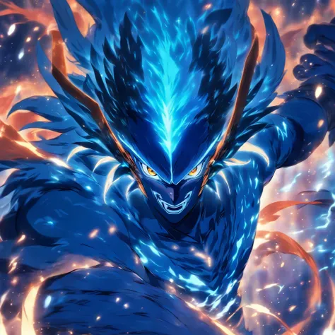 Djinn, blue feathers, multi glowing blue eyes, orange beak, blue wing-like apangeges with claws and glowing blue-white bands, masterpiece, best quality