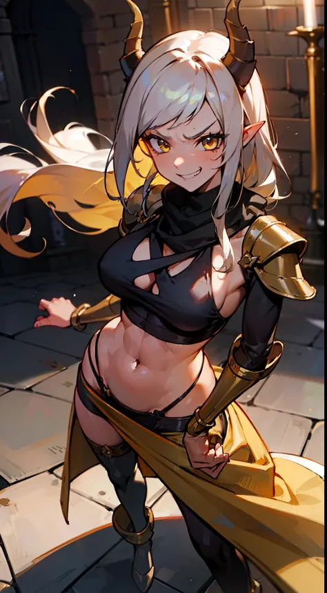 girl,brown skin, hidden arms,long hair, white hair,curly hair,yellow eyes,(((villain,psycho,villain smile, psychopath, angry))), medium boobs,show belly,gold armor outfit, black small shirt,long black stockings, detailed clothes, masterpiece, hyper realist...