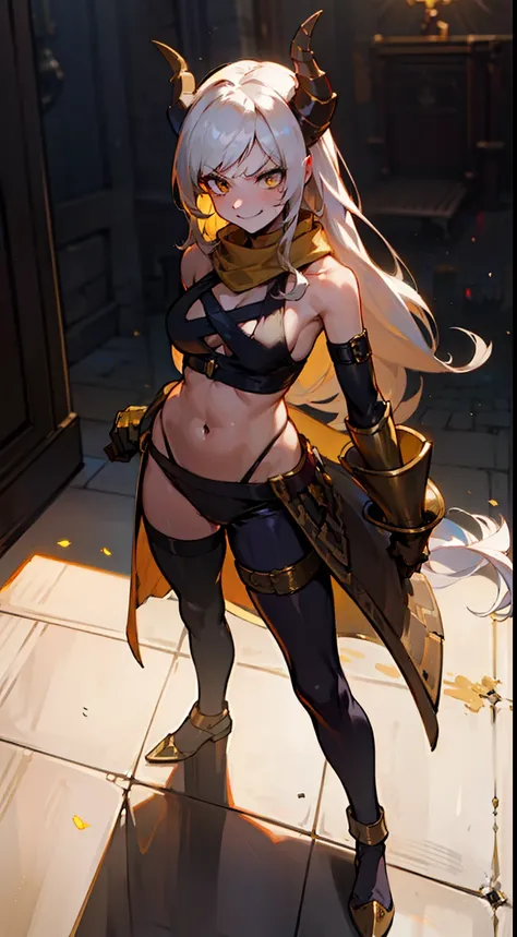 girl,brown skin, hidden arms,long hair, white hair,curly hair,yellow eyes,(((villain,psycho,villain smile, psychopath, angry))), medium boobs,show belly,gold armor outfit, black small shirt,long black stockings, detailed clothes, masterpiece, hyper realist...