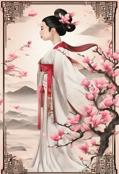 equinox，Traditional Chinese solar terms，(((Magnolia flowers)))，National style，Ink wind，solid color backdrop，has cleavage(((golondrinas)))Fly in the sky，Landscape view，Dont be characterized，Dont be characterized,Dont build