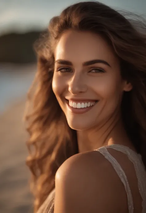 smiling woman with long brown hair on the beach at sunset, beautiful smiling face, smiling young woman, gorgeous attractive face, soft smile, beatiful smiling face, beautiful and smiling, beautiful face woman, glowing skin face, attractive beautiful face, ...