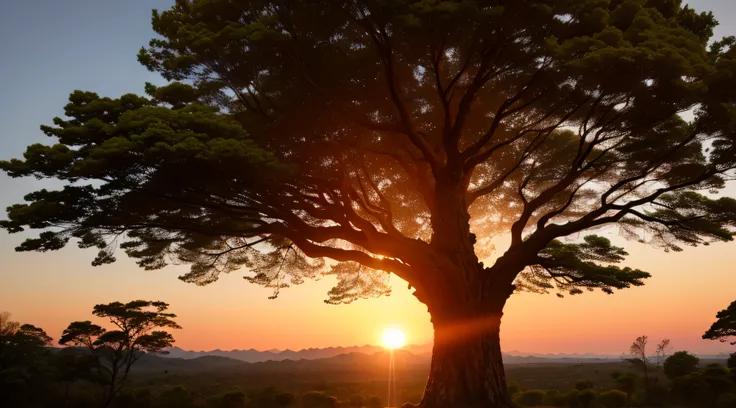 um por do sol em meio de montanhas com uma arvore no meio delas