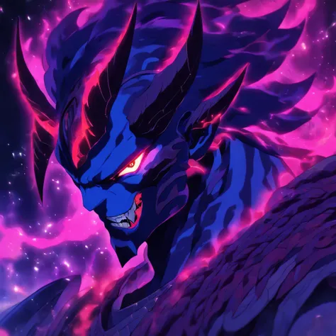 Djinn, Deep rich blue-purple, red armor with glowing red-white lines, red claws and face claws, light-brown bone spurs, glowing white-red eyes, masterpiece, best quality