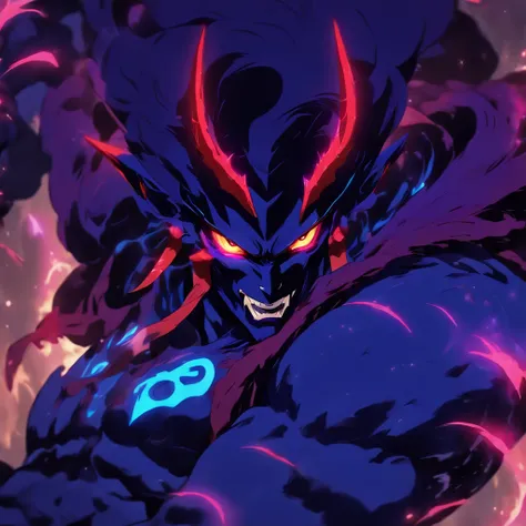 Djinn, Deep rich blue-purple, red armor with glowing red-white lines, red claws and face claws, light-brown bone spurs, glowing white-red eyes, masterpiece, best quality