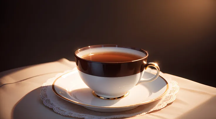 Single Tea Cup dark brown transparent tea, daytime lighting, Chic, Professional, Realistic, Top Quality, tmasterpiece, white tablecloth, Full color, full white background