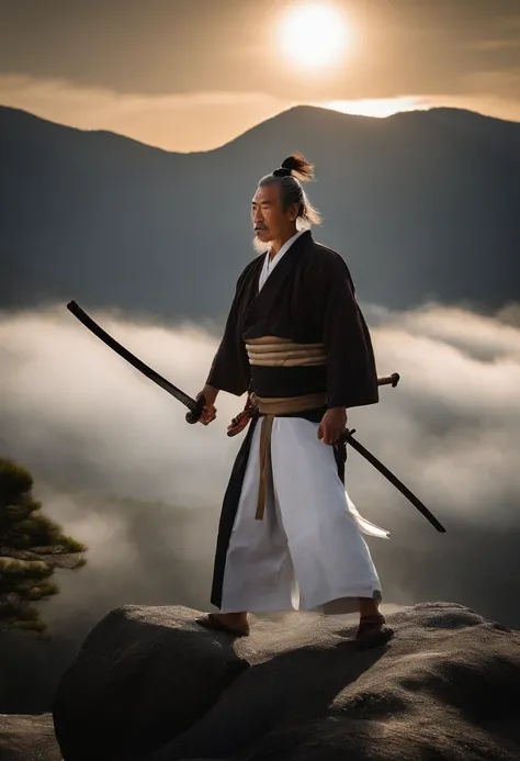 Miyamoto Musashi SAMURAI MAN holds a sword in one hand and an old scroll with his 21 precepts in the other. He is standing, surrounded by a mountainous landscape, with the wind gently blowing through his hair and clothes. The sword shines with an intense b...