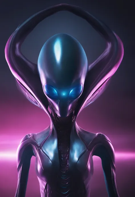 A blue alien with an elongated head of light, olho, nariz grande, pequeno, Slender body enters a starship wearing a realistic futuristic alien suit, a hyper-detailed alien, pink and purple and alien, alien looking, space alien Ete-Grey , Portrait of a larg...