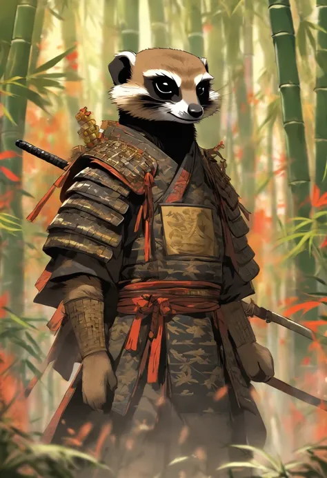 An award winning image of a brave meerkat samurai warrior, wearing highly detailed black samurai armor, wearing a sashimono war flag on his back, in a bamboo forest, highly detailed background, bamboo leaves blowing in the wind, perfect masterpiece, high q...