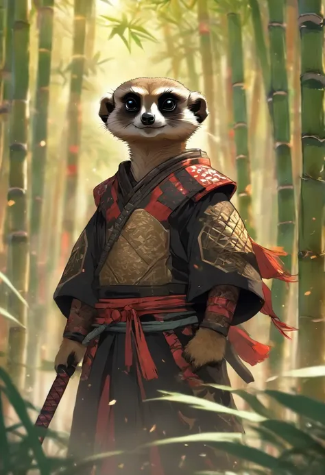 An award winning image of a brave meerkat samurai warrior, wearing highly detailed black samurai armor, wearing a sashimono war flag on his back, in a bamboo forest, highly detailed background, bamboo leaves blowing in the wind, perfect masterpiece, high q...