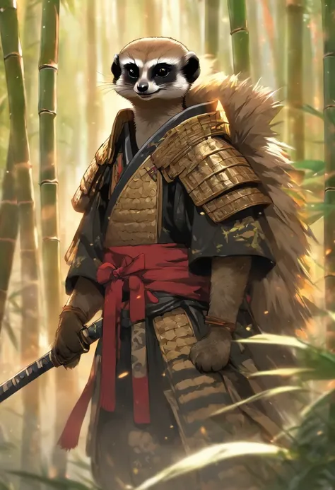 An award winning image of a brave meerkat samurai warrior, wearing highly detailed black samurai armor, wearing a sashimono war flag on his back, in a bamboo forest, highly detailed background, bamboo leaves blowing in the wind, perfect masterpiece, high q...