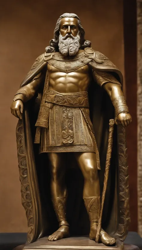 Full body statue of a wise and imposing man, de 40 anos, magro, barbudo e com cabelos grisalhos, with a serious expression and an air of experience. highes definition. Inspiration of the ancient Roman soldier, dentro de uma sala com fundo escuro total.