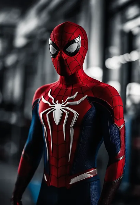 spiderman MCU advanced red and blue suit with white long spider symbol with mcu black and white small movable eyelences