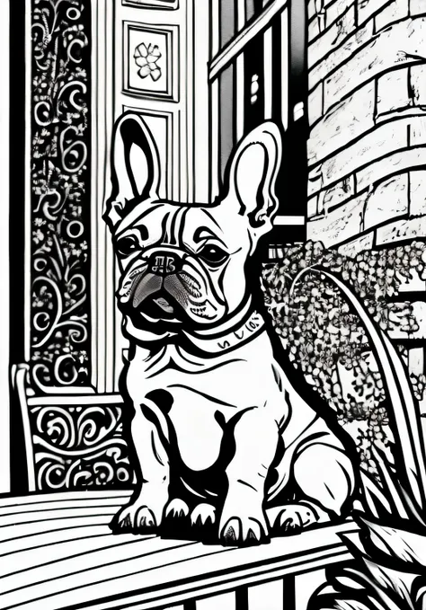 Coloring book of a French Bulldog sitting on a balcony, estilo dos desenhos animados, linhas grossas, sem cor, fundo branco, Apenas linhas, imagem sem preenchimento de cor