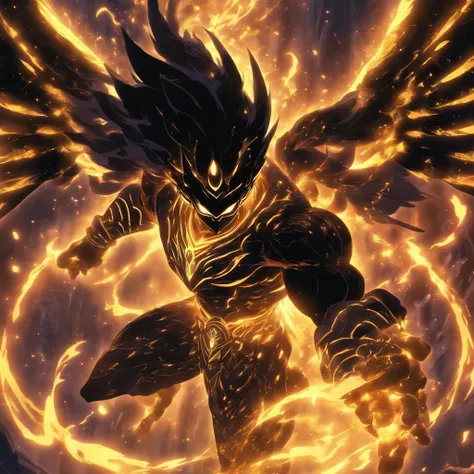 Djinn, ebony black with glowing-white markings, razor sharp black wings overlaid with gold wings, masterpiece, best quality