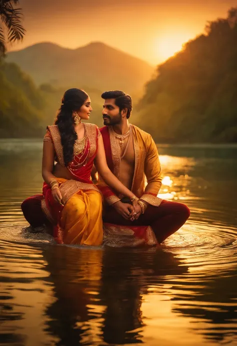 A Indian couple standing in river, golden hour, ultra-realistic 8k CG, perfect artwork, shiny hair, glowing eyes, shiny skin, realistic, 3d face, looking at the audience, seductive, gorgeous, luxury, jewelry, gemstones, gold, silver, diamonds, glitter, sap...