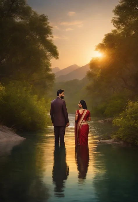 A Indian couple standing in river, golden hour, ultra-realistic 8k CG, perfect artwork, shiny hair, glowing eyes, shiny skin, realistic, 3d face, looking at the audience, seductive, gorgeous, luxury, jewelry, gemstones, gold, silver, diamonds, glitter, sap...