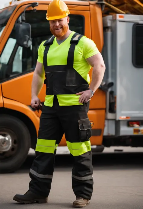 muscular ginger construction worker wearing big black leather work boots, work trousers, a hi viz vest, and safety hat in the street looking relaxed and happy, bulge in pants