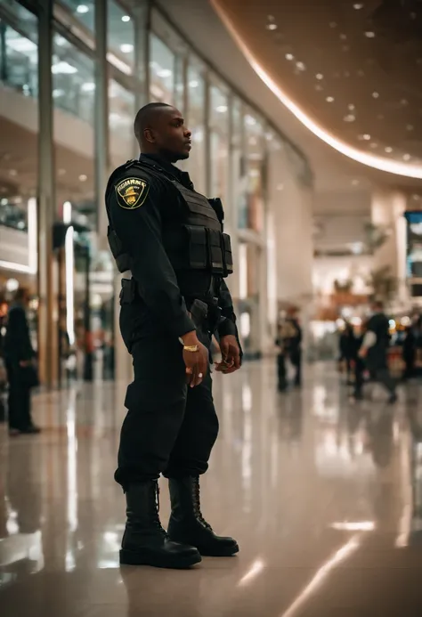 muscular black security guard in tactical uniform with black leather army boots, black combat trousers with huge bulge, a black and silver hi viz vest at a shopping mall