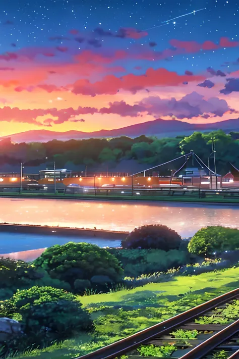 Beauti Summer night sky, skura, In style of Makoto shinkai, 2 girl, 2D, master part, melhor qualidade, anime, Rosto altamente detalhado, olhos altamente detalhados, Antecedentes altamente detalhados, perfect lighting, corpo inteiro, 1girl, sozinho, sun cha...