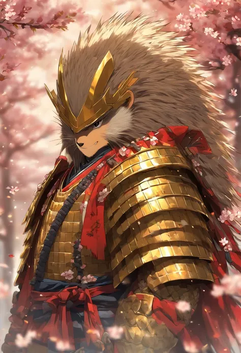 A brave and noble porcupine samurai warrior, wearing highly detailed gold samurai armor, wearing a sashimono war flag on his back, sengoku period, highly detailed background, cherry blossoms blowing in the wind, perfect masterpiece, high quality, high reso...