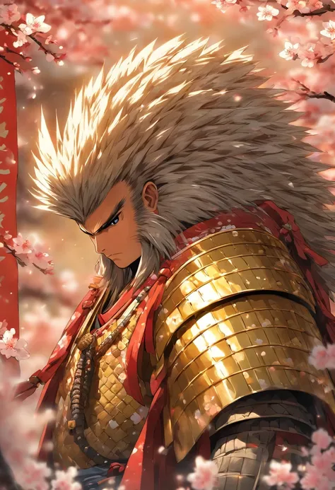 A brave and noble porcupine samurai warrior, wearing highly detailed gold samurai armor, wearing a sashimono war flag on his back, sengoku period, highly detailed background, cherry blossoms blowing in the wind, perfect masterpiece, high quality, high reso...