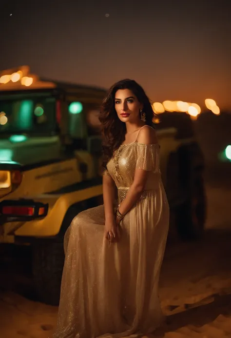 0k, RAW photo, best quality, masterpiece: 1.2), (realistic, photorealistic: 1.37), A 21 years Turkish Beautiful woman, Wearing Maria B brand Dress, at sahara Desert Nightscape , Arabic camp, Near Nissan Parol Jeep, Mehwish Hayat,Bokeh