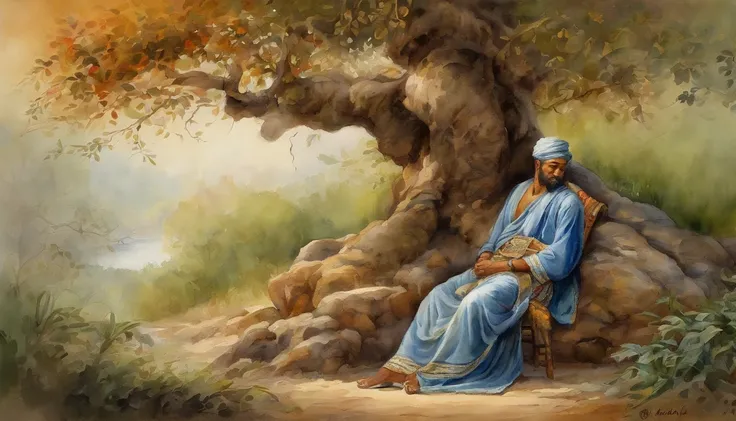 Homem oriental, velho, Wise, Resting under a leafy tree, In front of him a young prince weeping