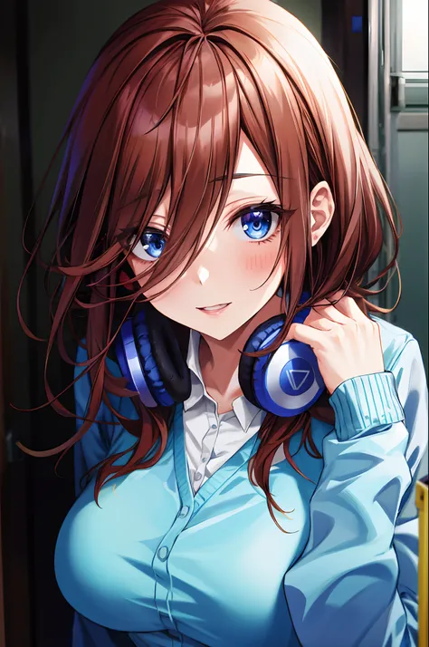 absurdres, best quality, 1girl, solo, eye focus, looking at viewer, Miku, Blue Cardigan, brown hair