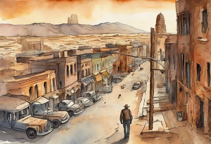 httpS (english)://S.MJ.run/WYZY(wYG)_kDEBVFcGraphic Novel Illustration, Telephoto angle of Long Street in the New York desert, Man looking out the window dystopia, doomsday