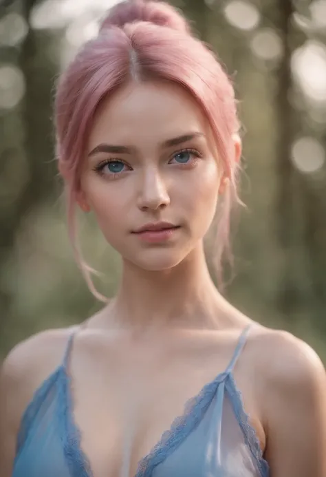 1 girl, tan skin, pink hair with ponytail, blue eyes, in translucent nightie