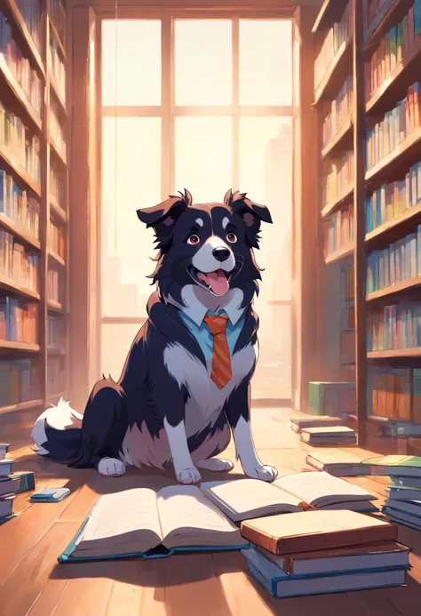 Make a Border Collie Dog, This dog must be wearing a tie and glasses, deve estar em uma biblioteca lendo um livro. Foto estilo disney pixar