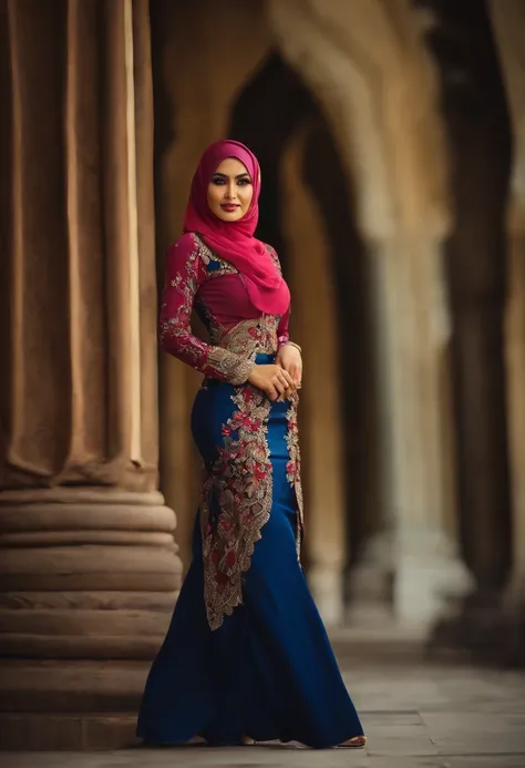 a beautiful woman in hijab wearing a tight kebaya, long skirt with slit and heels.