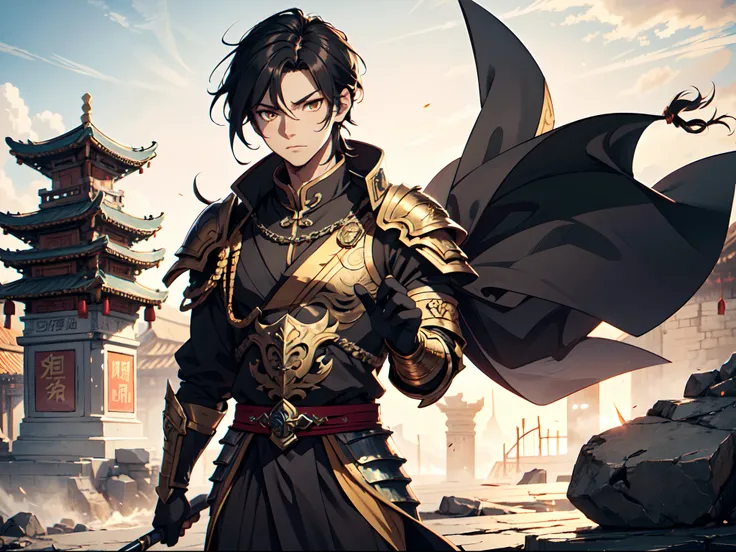 Ultra High Definition, Ultra High Quality, Extremely Detailed, Perfectly Detailed, Masterpiece, 8k, 1 Boy, Look A Like Xin From Kingdom Anime, Handsome, Armored With Chinese Emperor Armor, Black And Orange Pupil Eyes, Black Long Hair Tied, Full Body Shot, ...