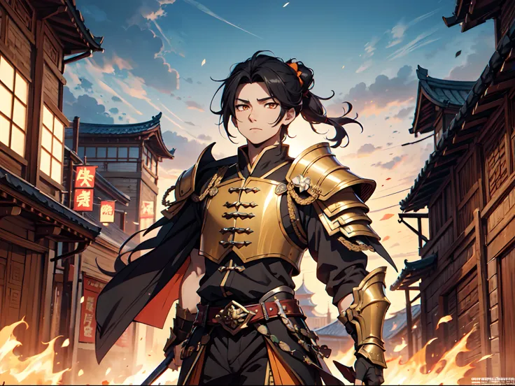 Ultra High Definition, Ultra High Quality, Extremely Detailed, Perfectly Detailed, Masterpiece, 8k, 1 Boy, Look A Like Xin From Kingdom Anime, Handsome, Armored With Chinese Emperor Armor, Black And Orange Pupil Eyes, Black Long Hair Tied, Full Body Shot, ...