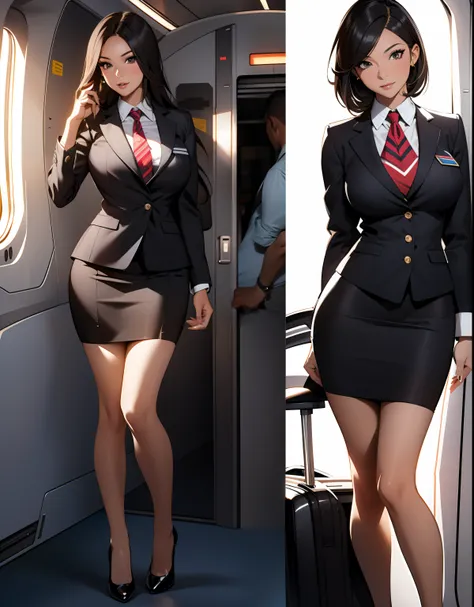 Stewardess，Wear flight attendant clothes，A beautiful full body girl，with fair skin，cabelos preto e longos，24 years of age，busty figure，short  skirt，Super sexy scene，facial closeups