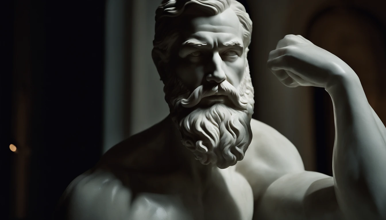 A white marble statue of a muscle, Bearded man with a stern look in a dark square at night, in the style of photographers Annie Leibovitz and Peter Lindbergh.