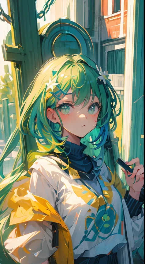 masterpiece, best quality, 1girl, (((bored, tedius))), cute, expressive, close up, tilting head, cute girl, green hair, short hair, pouting, 4k, wallpaper