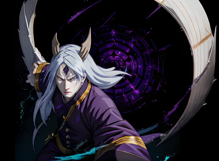 Epic scene character boy man of anime 2d with goosebumps white hair black eyes with purple dragon background star dragon background