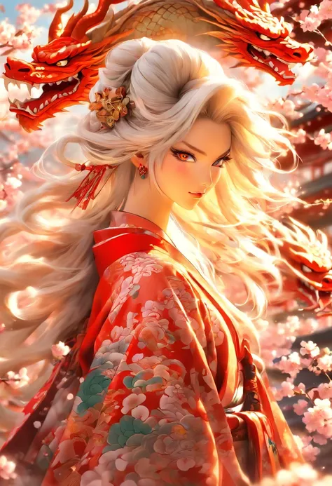 The most beautiful and sexy dragon princess, long white hair, red eyes, wearing the most beautiful and highly detailed kimono, tons of tattoos and piercings, with the most powerful and destructive mythological Japanese dragon in the background, cherry blos...