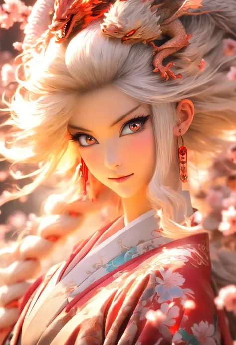 The most beautiful and sexy dragon princess, long white hair, red eyes, wearing the most beautiful and highly detailed kimono, tons of tattoos and piercings, with the most powerful and destructive mythological Japanese dragon in the background, cherry blos...