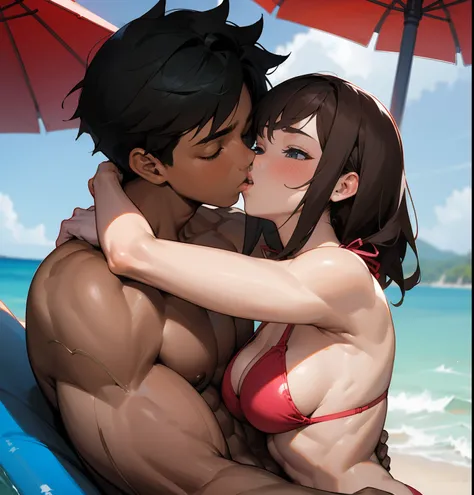 Boy who is super muscular kissing a girl in a bikini