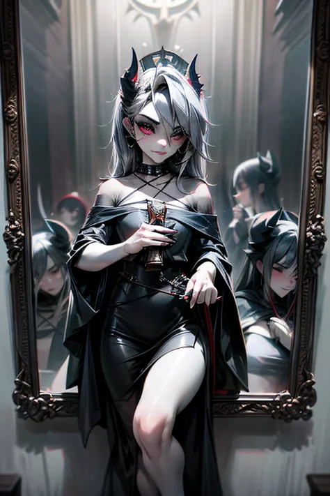 A cultist woman wearing a mirror masquerade mask, A black robe, un estilete en la mano y perfora la otra mano, The demon in the mirror devours the body of the cultist through the mask, An obsidian mirror appears behind and a mirror demon strikes it from th...