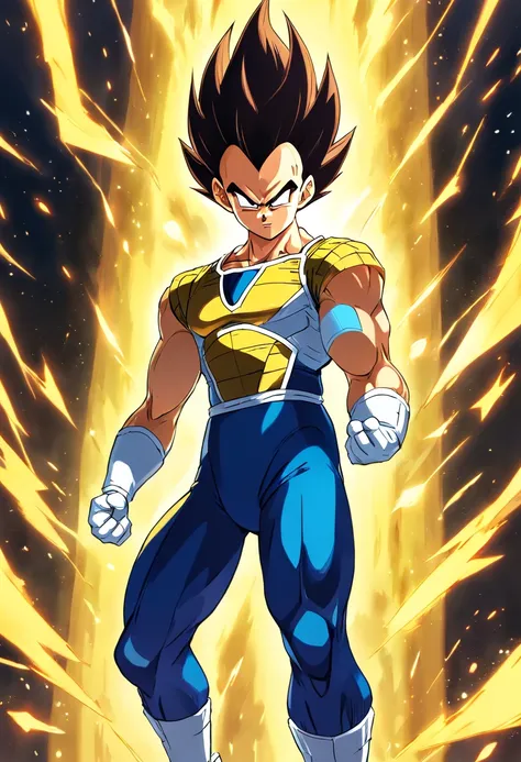 (a detailed illustration of Vegeta super saiajyn wrapped in a yellow energy, corpo inteiro, estilo de Akira Toriyama, alta qualidade, fundo detalhado, dynamic action, intense expression)