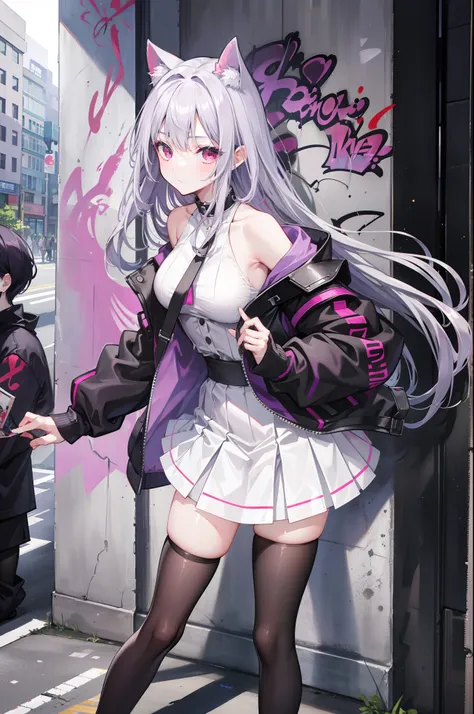 4k画质，Highest high resolution，Gray-purple bangs，Red eyes，20yr old，woman，Graffiti walls，street corner，short  skirt，blackstockings，God perspective，Clear face，Detailed eyes，