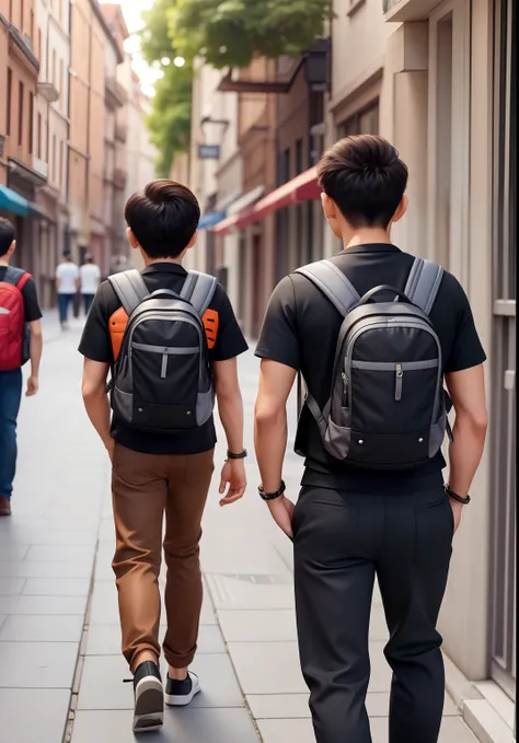 Two twin brothers , o Leo in pants and black shirt , and Téo in brown pants and a backpack on his back